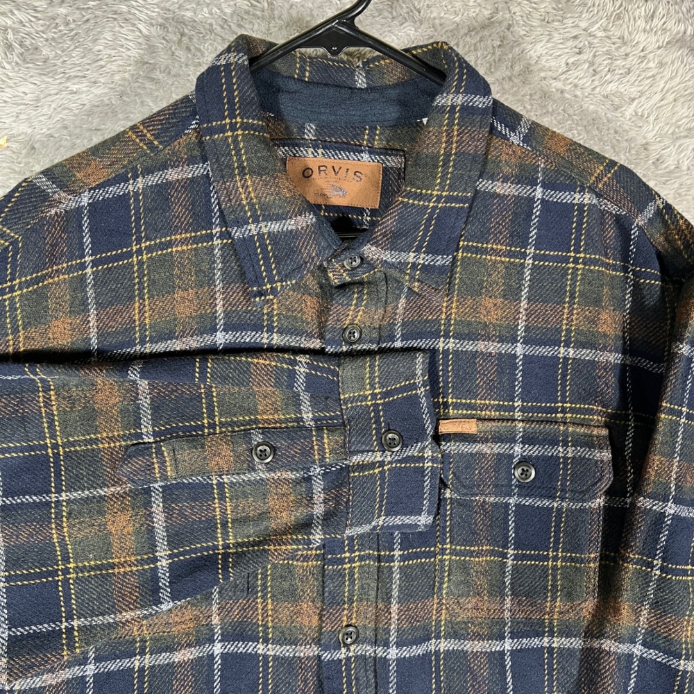Orvis Flannel Shirt Mens XL Blue Green Plaid Button Down Side Pockets 1887